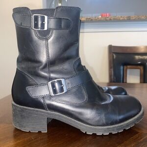 Eastland Belmont Fur Lined Moto Boots Black Leather Buckle Lug Sole Women's 8